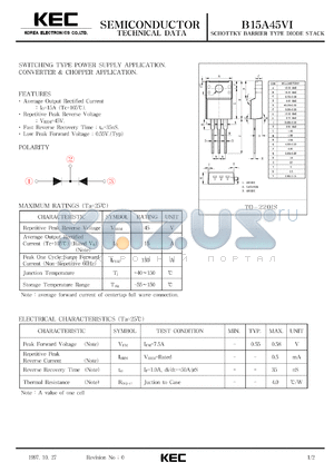 B15A45VI datasheet - Schottky barrier diode stack for switching type power supply applications, converter and chopper applications