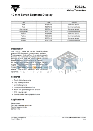 TDSR3160 datasheet - Red (660 nm) 7-segment display, 10 mm / 3.94 inch, viewing distance up to 6 meter