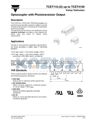 TCET4100G datasheet - Opto isolator for safety application