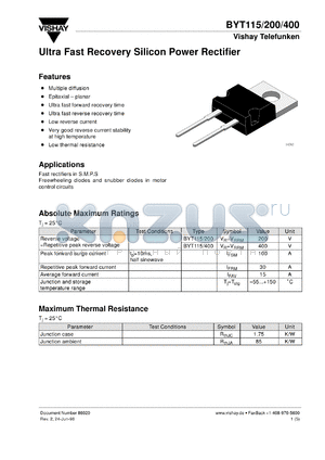 BYT115-400 datasheet - Ultra fast recovery rectifier for general purpose applications for power conversion