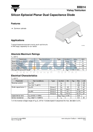 BB814-1 datasheet - Small signal capacitance diode for frequency tuning in FM radio tuners