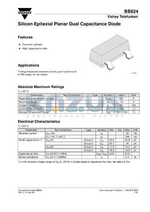 BB824-2 datasheet - Small signal capacitance diode for frequency tuning in FM radio tuners