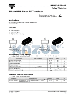 BFR92R datasheet - NPN small signal RF transistor