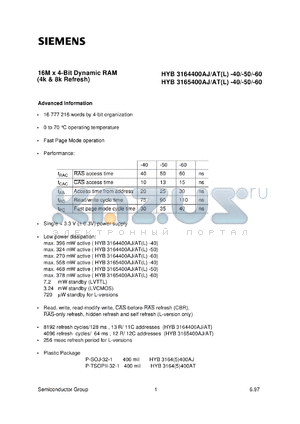 HYB3165400ATL-50 datasheet - 16M x 4bit DRAM