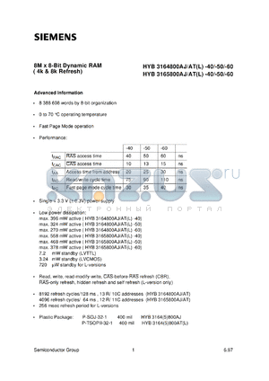 HYB3164800ATL-60 datasheet - 8M x 8bit DRAM