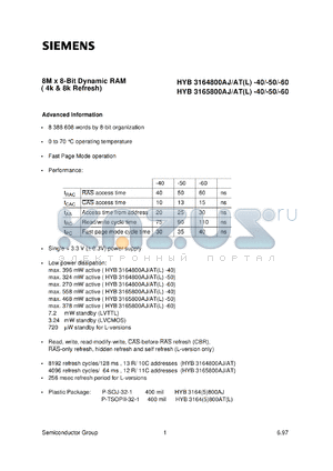 HYB3165800ATL-50 datasheet - 8M x 8bit DRAM