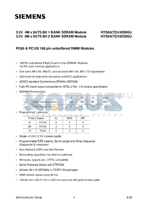 HYS72V8220GU-10 datasheet - 66 MHz 8M x 72 2 bank SDRAM module