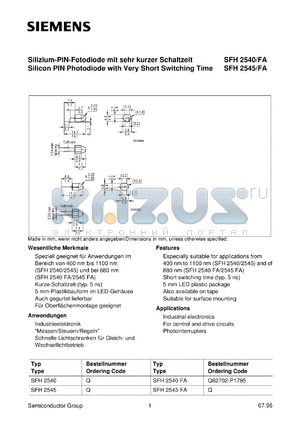 SFH2545FA datasheet - Silicon PIN photodiode with very short switching time