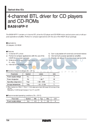 BA5916FP-Y datasheet - 4-channel BTL driver for CD player and CD-ROM