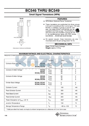 BC549A datasheet - Small Signal Transistor (NPN)