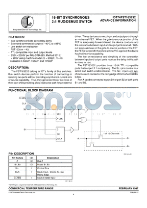 IDT74FST16163232PA datasheet - 16-bit synchronous 2:1 mux/demux switch