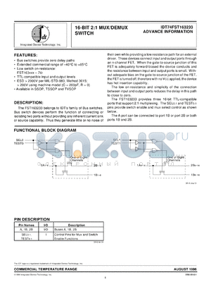 IDT74FST16163233PA datasheet - 16-bit 2:1 mux/demux switch