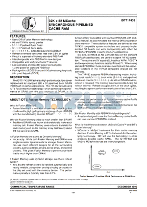 IDT71F432S75 datasheet - 32K x 32Kcache synchronous pipelined cache RAM