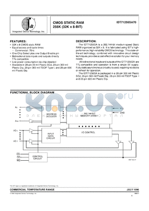 IDT71256SA70P datasheet - CMOS static RAM 256K (32K x 8-bit)