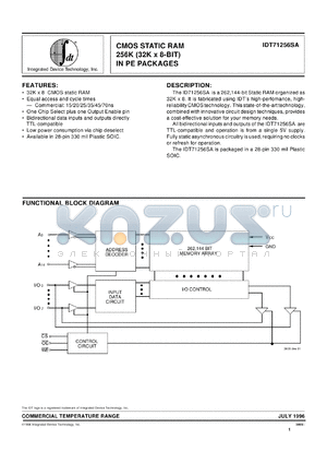 IDT71256SA45PE datasheet - CMOS static RAM 256K (32K x 8-bit) in PE packages