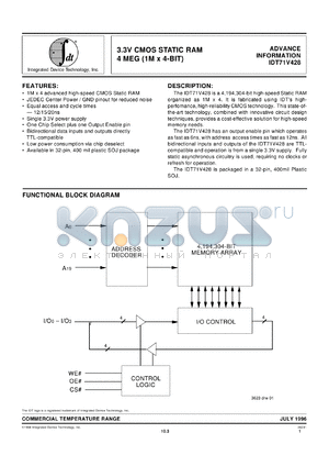 IDT71V42820Y datasheet - 3.3V CMOS static RAM 4 meg (1K x 4-bit)