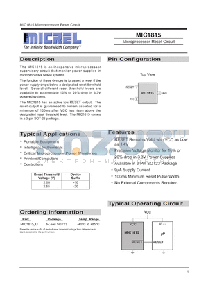 MIC1815U datasheet - Microprocessor Reset Circuit