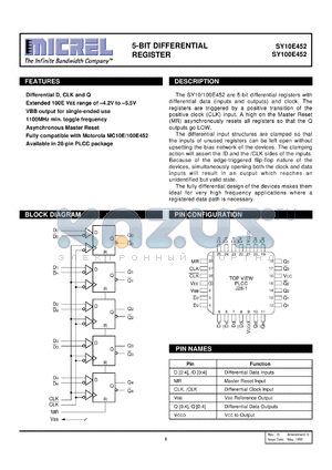 SY100E452 datasheet - 5-BIT DIFFERENTIAL REGISTER