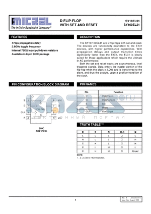 SY100EL31 datasheet - D Flip-Flop With Set and Reset