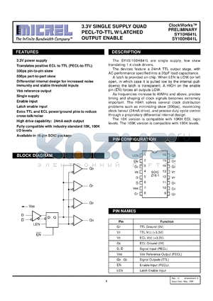 SY100H841L datasheet - 3.3V SINGLE SUPPLY quad PECL-to-TTL w/LATCHED output enable