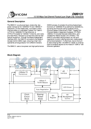 DM9131 datasheet - 10/100Mbps fast Ethernet physical layer single chip transceiver