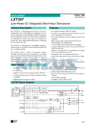LXT307PE datasheet - Low-power E1 integrated short-haul transceiver