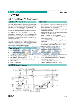 LXT318PE datasheet - E1 NTU/ISDN PRI  transceiver