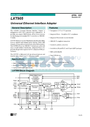 LXT905PC datasheet - Universal ethernet interface adapter