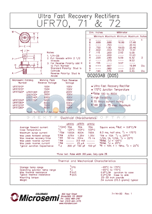 UFR7020R datasheet - Ultra Fast Rectifier (less than 100ns)