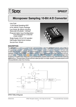 SP8537KN datasheet - Micropower sampling 10-Bit A/D converter