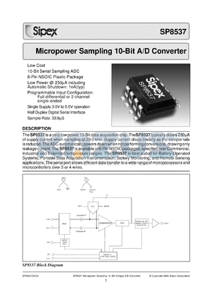 SP8537KS datasheet - Micropower sampling 10-Bit A/D converter