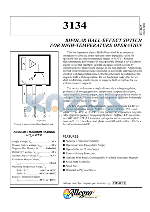A3134EU datasheet - Bipolar  hall-effect switch for high-temperature operation