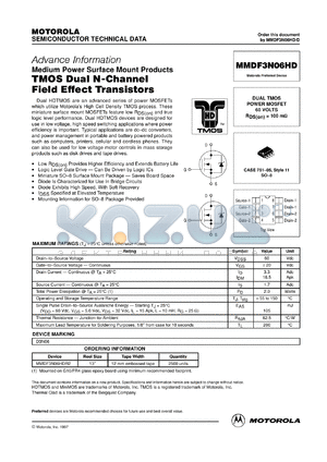 MMDF3N06HDR2 datasheet - TMOS dual N-channel field effect transistor