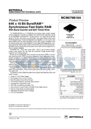 MCM67M618FN9 datasheet - 64K x 18 bit burstRAM synchronous fast static RAM