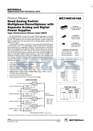 MC74HC4316ADT datasheet - Quad analog switch/multiplexer/demultiplexer