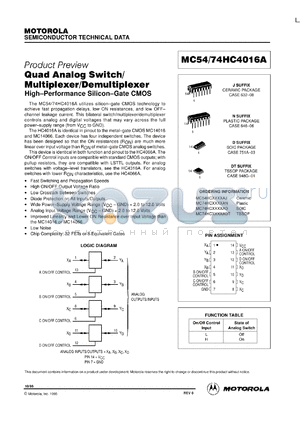 MC74HC4016AN datasheet - Quad analog switch/multiplexer/demultiplexer