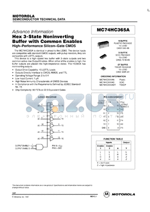 MC74HC365AN datasheet - Hex 3-state noninverting buffer