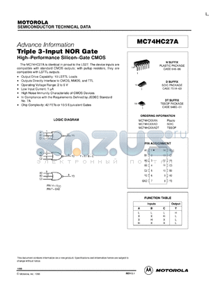 MC74HC27AN datasheet - Triple 3-input NOR gate