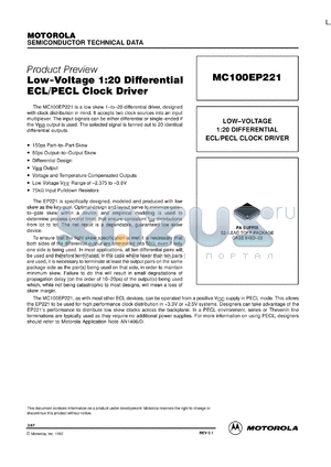 MC100EP221 datasheet - Low-voltage 1:20 differential ECL/PECL clock driver