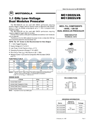 MC12022LVBP datasheet - 1.1 GHz low-voltage dual modulus prescaler