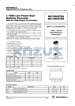 MC12022TSBP datasheet - 1.1 GHz low power dual modulus prescaler