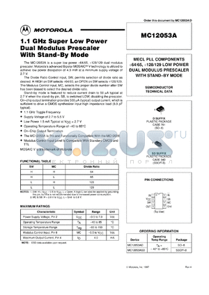 MC12053ASD datasheet - 1.1 GHz super low power dual modulus prescaler with stand-by mode