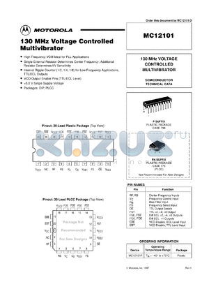 MC12101P datasheet - 130 MHz voltage controlled multivibrator