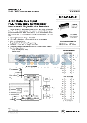 MC145145P2 datasheet - 4-bit data bus input PLL frequency synthesizer