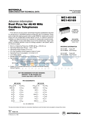 MC145169P datasheet - Dual PLLs for 46/49 MHz cordless telephone