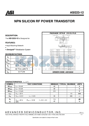 ASI2223-12 datasheet - NPN silicon RF power transistor
