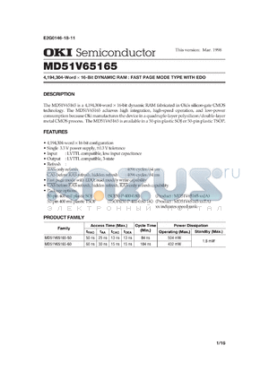 MD51V65165-50JA datasheet - 4,194,304-word x 16-bit dynamic RAM