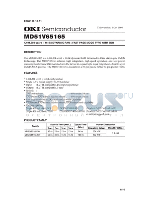 MD51V65165-50TA datasheet - 4,194,304-word x 16-bit dynamic RAM