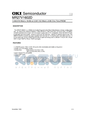 MR27V1602DTP datasheet - 1.048,576-word x 16bit or 2,097,152-word x 8-bit one time PROM
