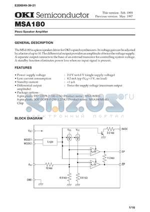 MSA180RS datasheet - Piezo speaker amplifier